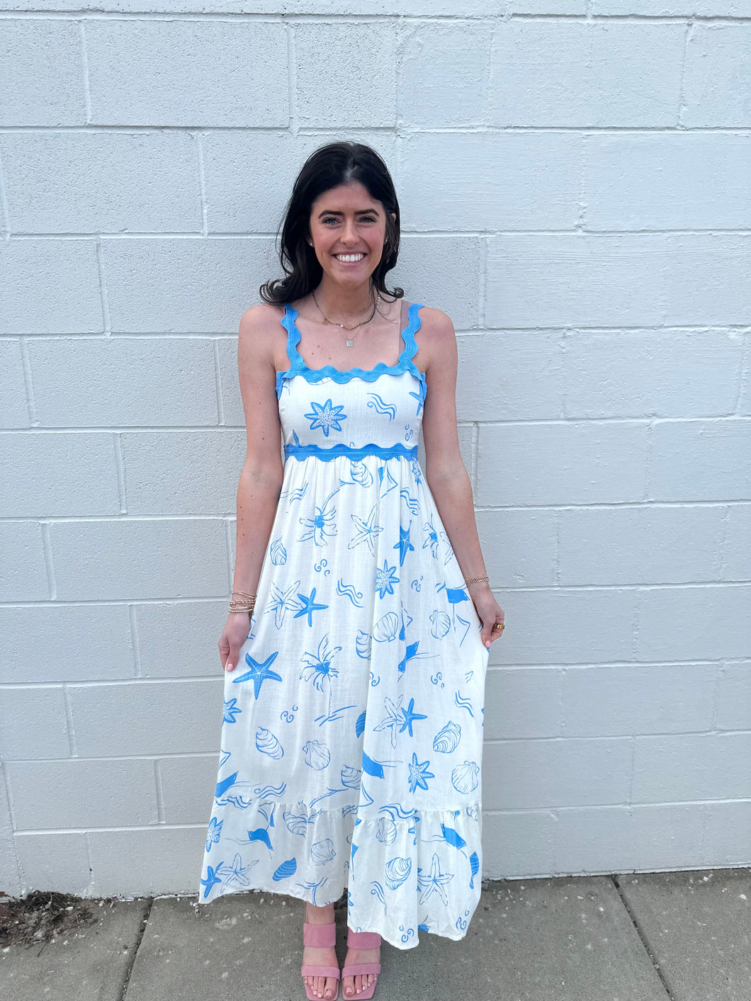 Sea Print Wavy Trim Sleeveless Maxi Dress