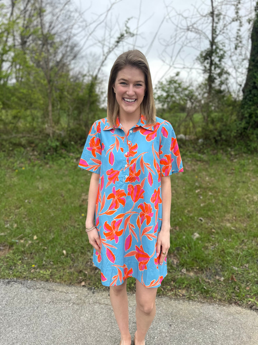 Aqua Floral Short Sleeve Dress
