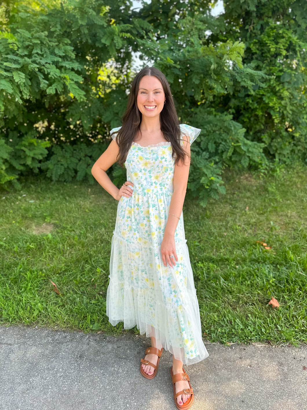 Lemon Lime Flutter Sleeved Floral Midi Dress