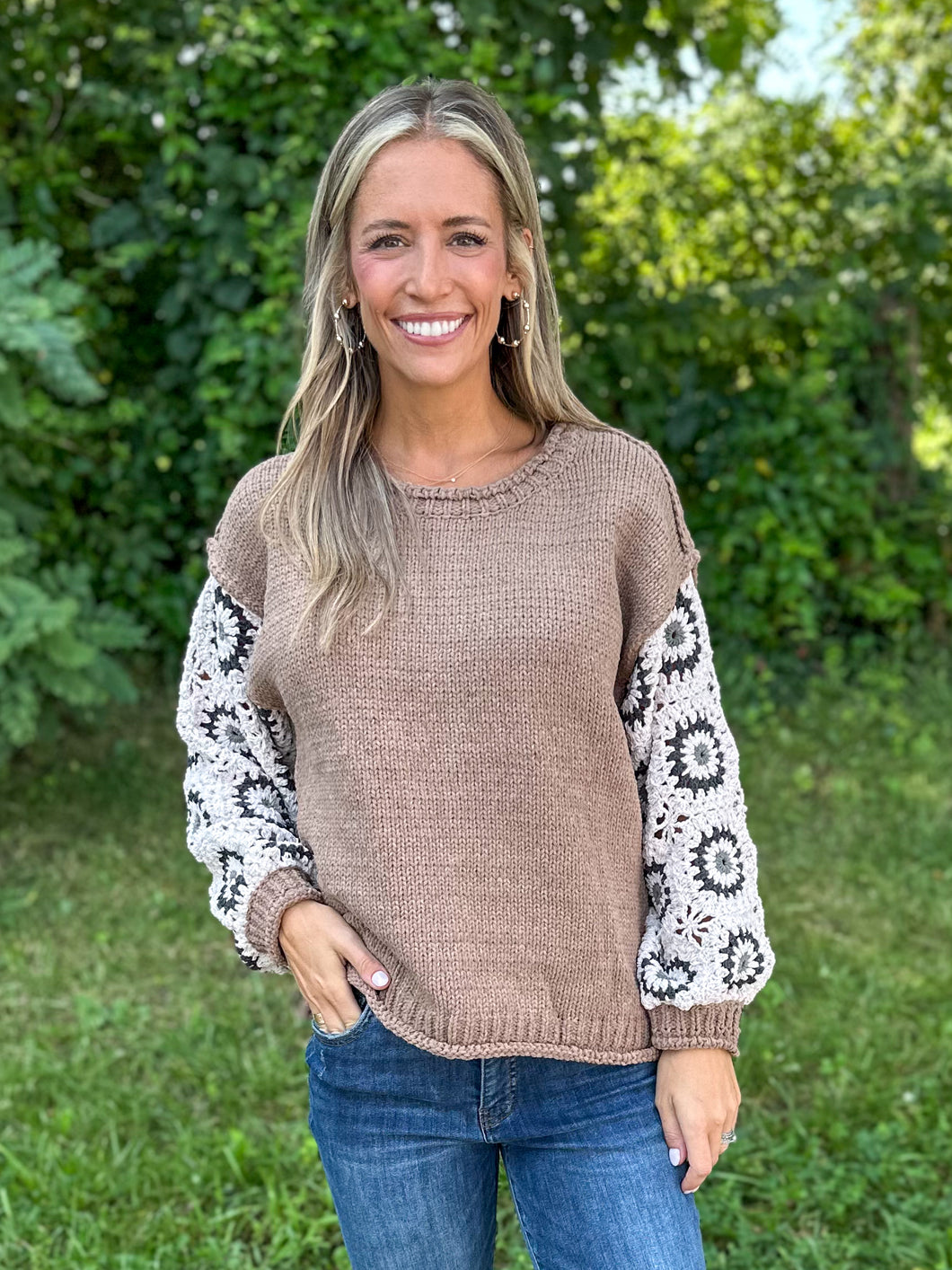 Choco Chenille Sweater with Crochet Sleeves
