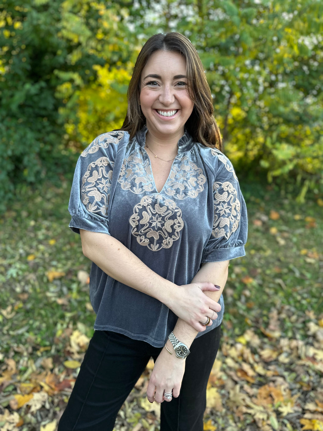 Grey Puff Sleeve Embroidered Detail Top