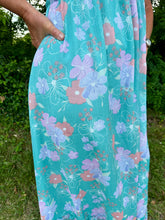 Load image into Gallery viewer, Turquoise Floral Print Chiffon Cross Cross Halter Dress

