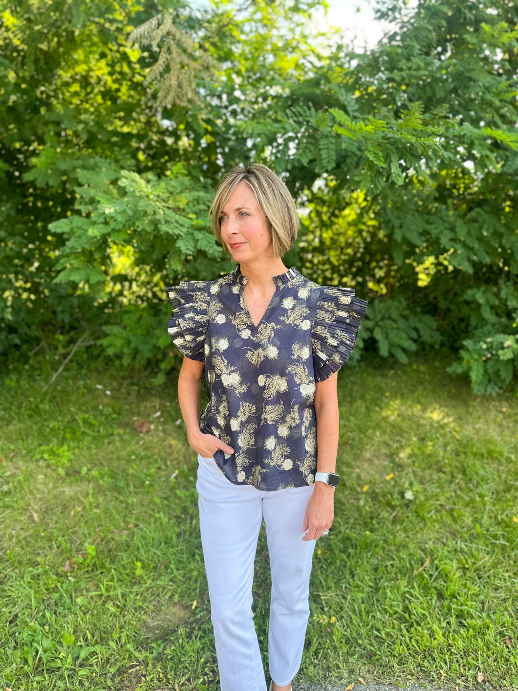 Navy Floral Print Top