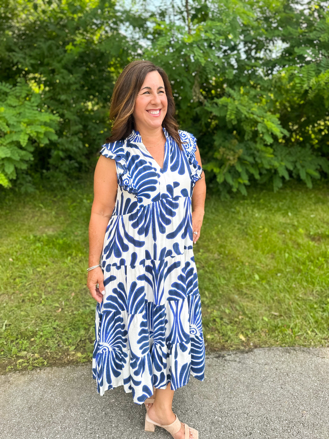 Boho Print Ruffle Sleeve Textured Print