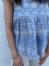 Load image into Gallery viewer, Light Blue Flutter Sleeve Eyelet Embroidered Top
