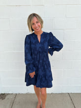 Load image into Gallery viewer, Navy Jacquard V Neck Tiered Mini Dress
