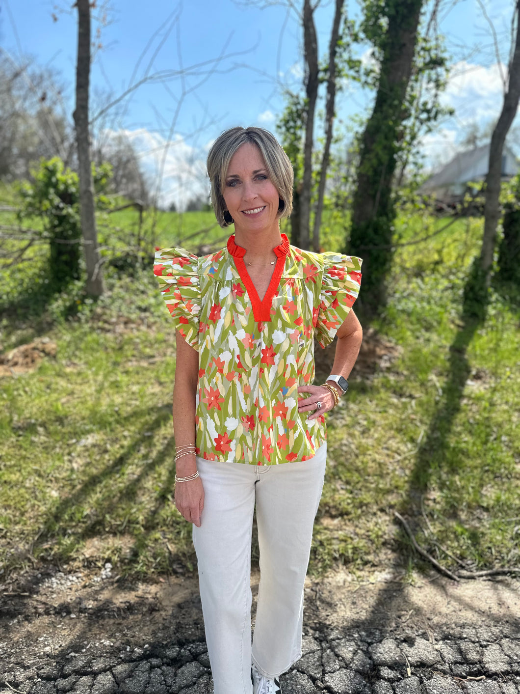 Chartreuse Floral Print Flutter Sleeve Top