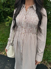 Load image into Gallery viewer, Striped Shirred Collared Long Sleeve Shirt Dress
