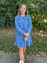 Load image into Gallery viewer, Floral Denim Mini Dress with Peter Pan Collar
