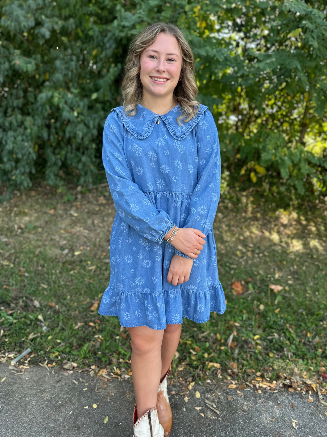 Floral Denim Mini Dress with Peter Pan Collar
