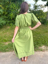 Load image into Gallery viewer, Green Embroidery Eyelet Belted Midi Dress
