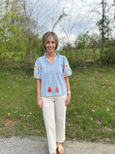 Load image into Gallery viewer, Blue Hand Embroidered Puff Sleeve Stripe Top
