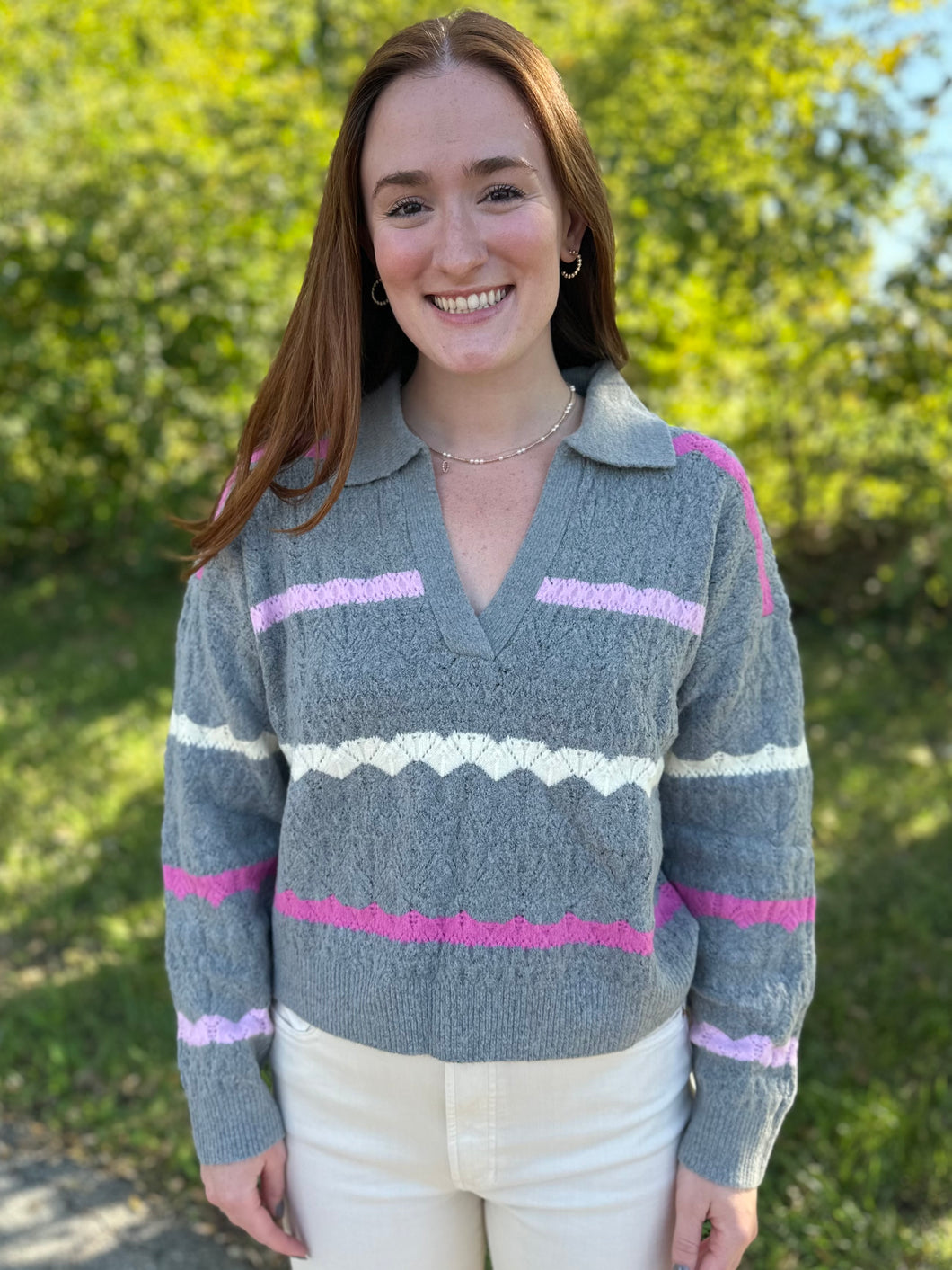 Grey with Pink Stripe Long Sleeve Knit Sweater