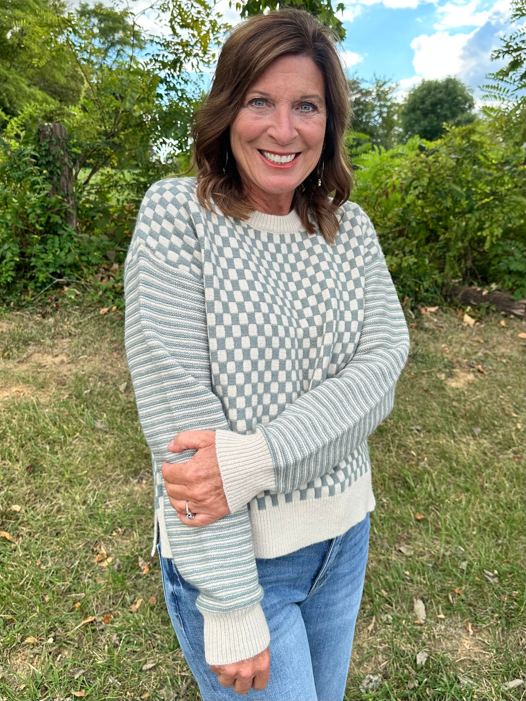 Checkered Sweater with Side Slits