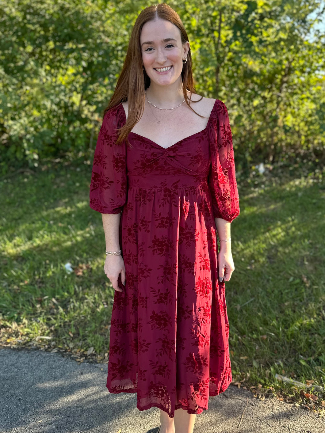 Floral Velvet Long Sleeve Sleeve Midi Dress