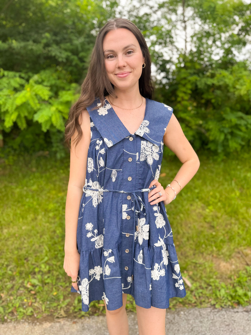 Denim Embroidery Sailor Collar Button Down Dress