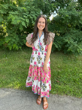 Load image into Gallery viewer, White Flutter Sleeve Flower Maxi Dress
