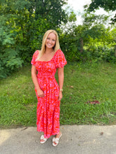 Load image into Gallery viewer, Tomato/Pink Puff Sleeve Floral Print Dress
