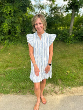 Load image into Gallery viewer, White and Blue Flutter Sleeve Button Up Dress
