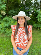 Load image into Gallery viewer, Rust Flutter Embroidered Top
