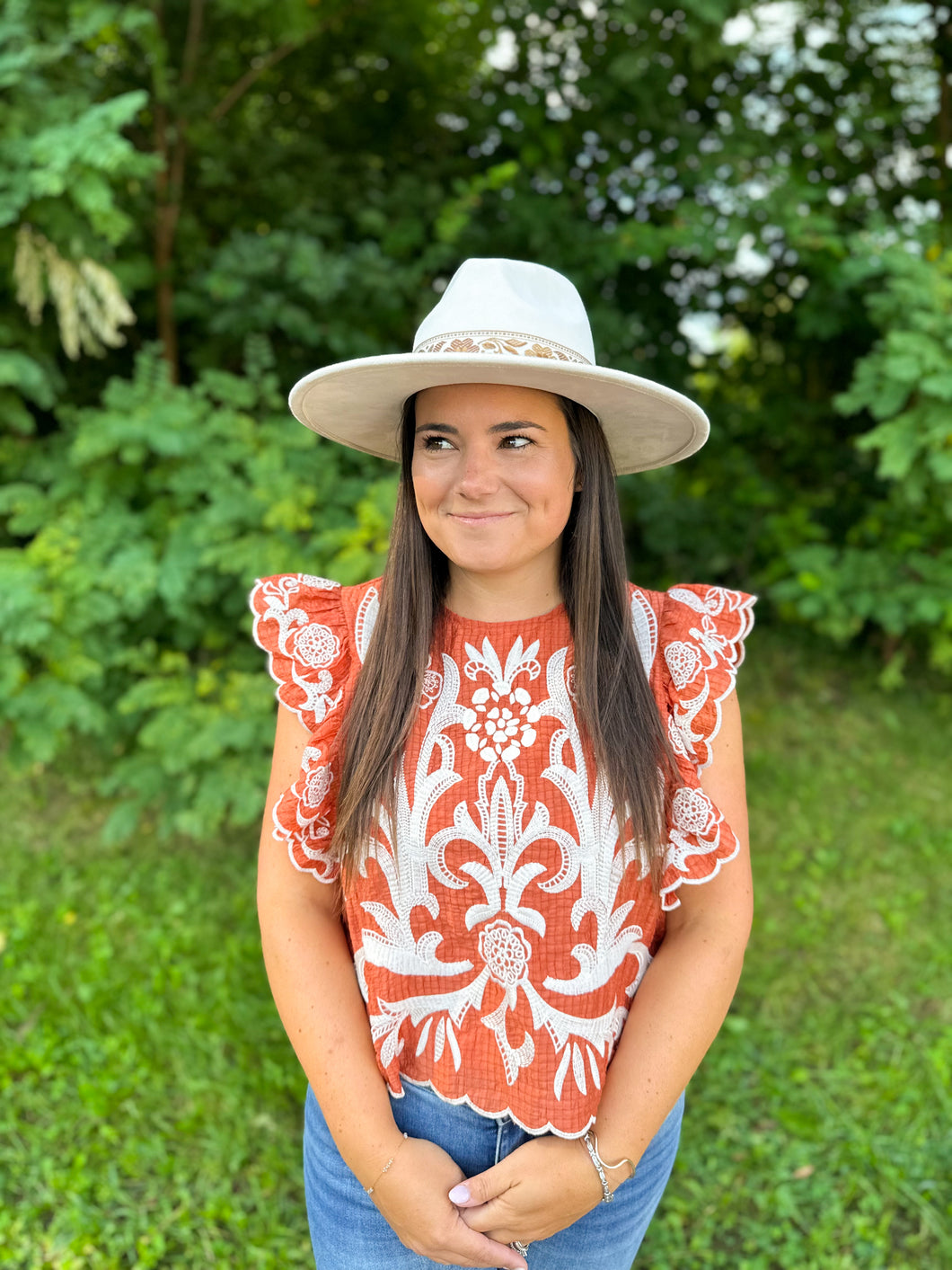 Rust Flutter Embroidered Top