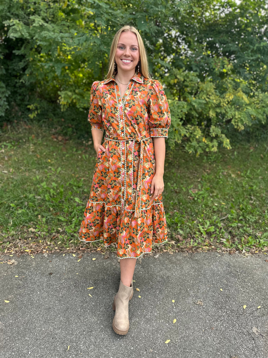 Autumn Puff Sleeve Midi Dress