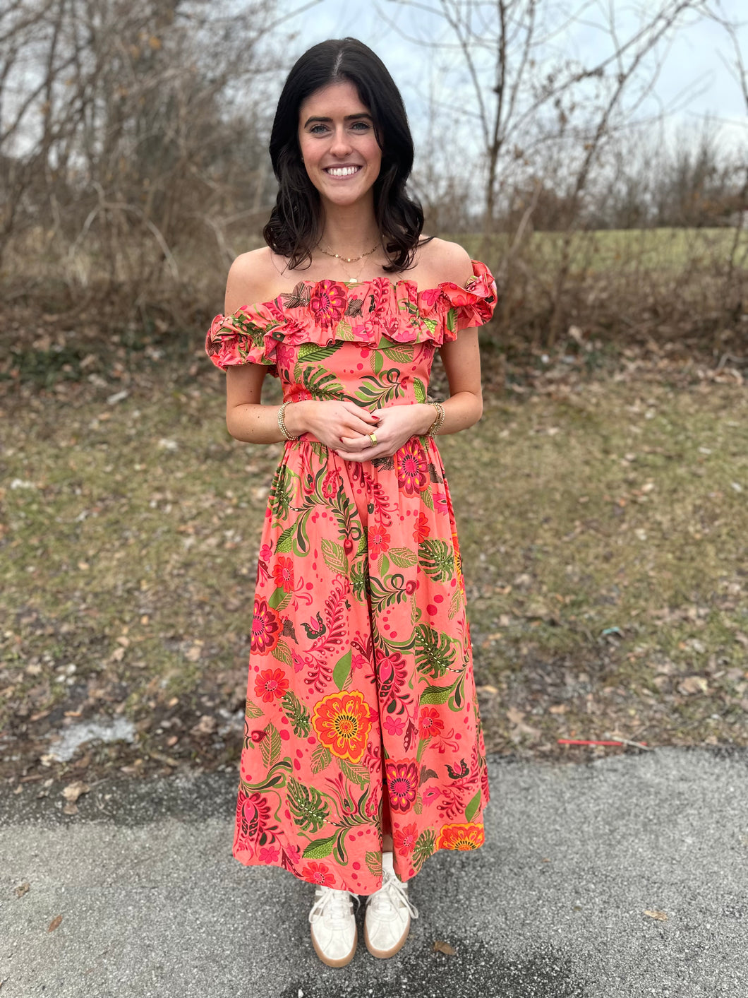 Coral Ruffle Shoulder Cut Out Midi Dress