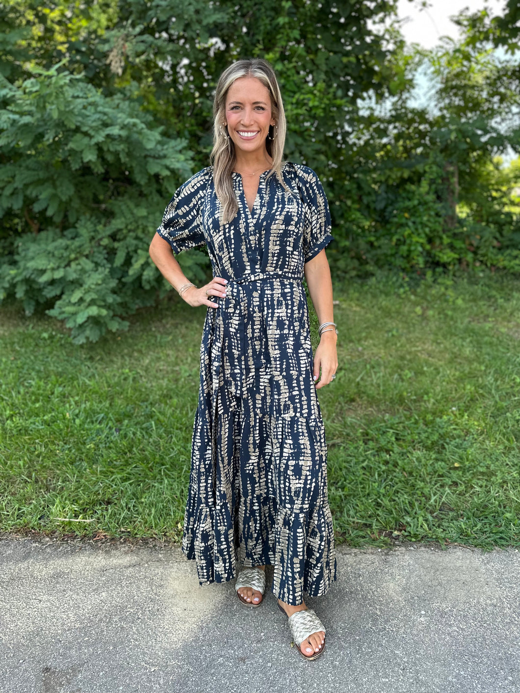 Navy Print Tiered Maxi Dress