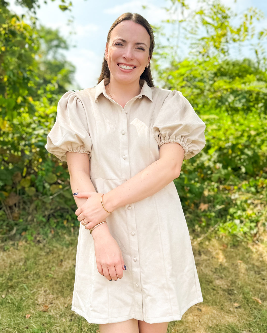 Puff Sleeve Suede Button Up Dress