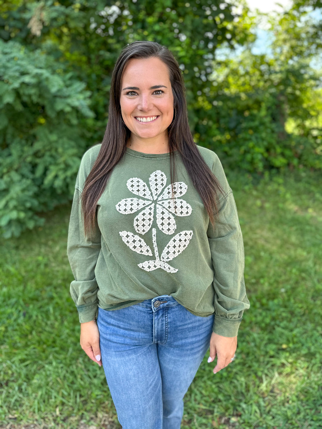 Hunter Green Long Sleeve Top with Lace Applique