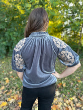 Load image into Gallery viewer, Grey Puff Sleeve Embroidered Detail Top
