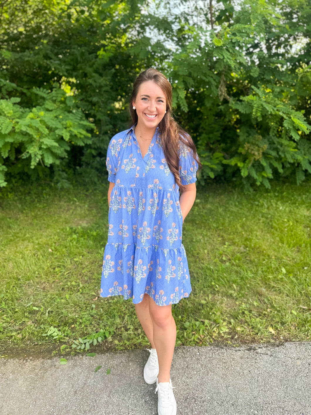 Blue Puff Sleeve Floral Dress