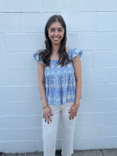 Load image into Gallery viewer, Light Blue Flutter Sleeve Eyelet Embroidered Top
