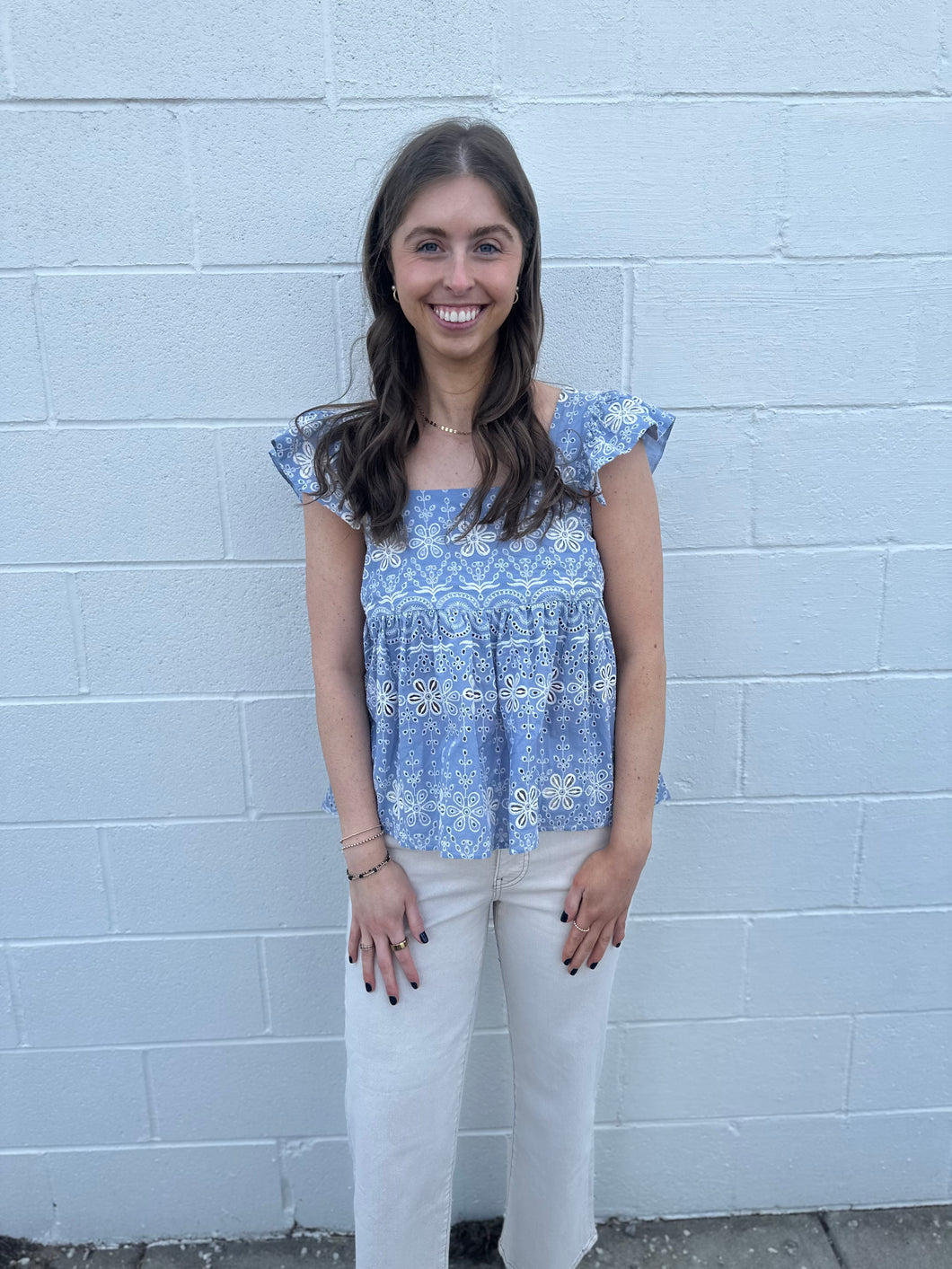 Light Blue Flutter Sleeve Eyelet Embroidered Top