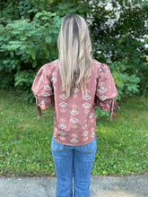 Load image into Gallery viewer, Brown Floral Print Split Ruffle Neck Top
