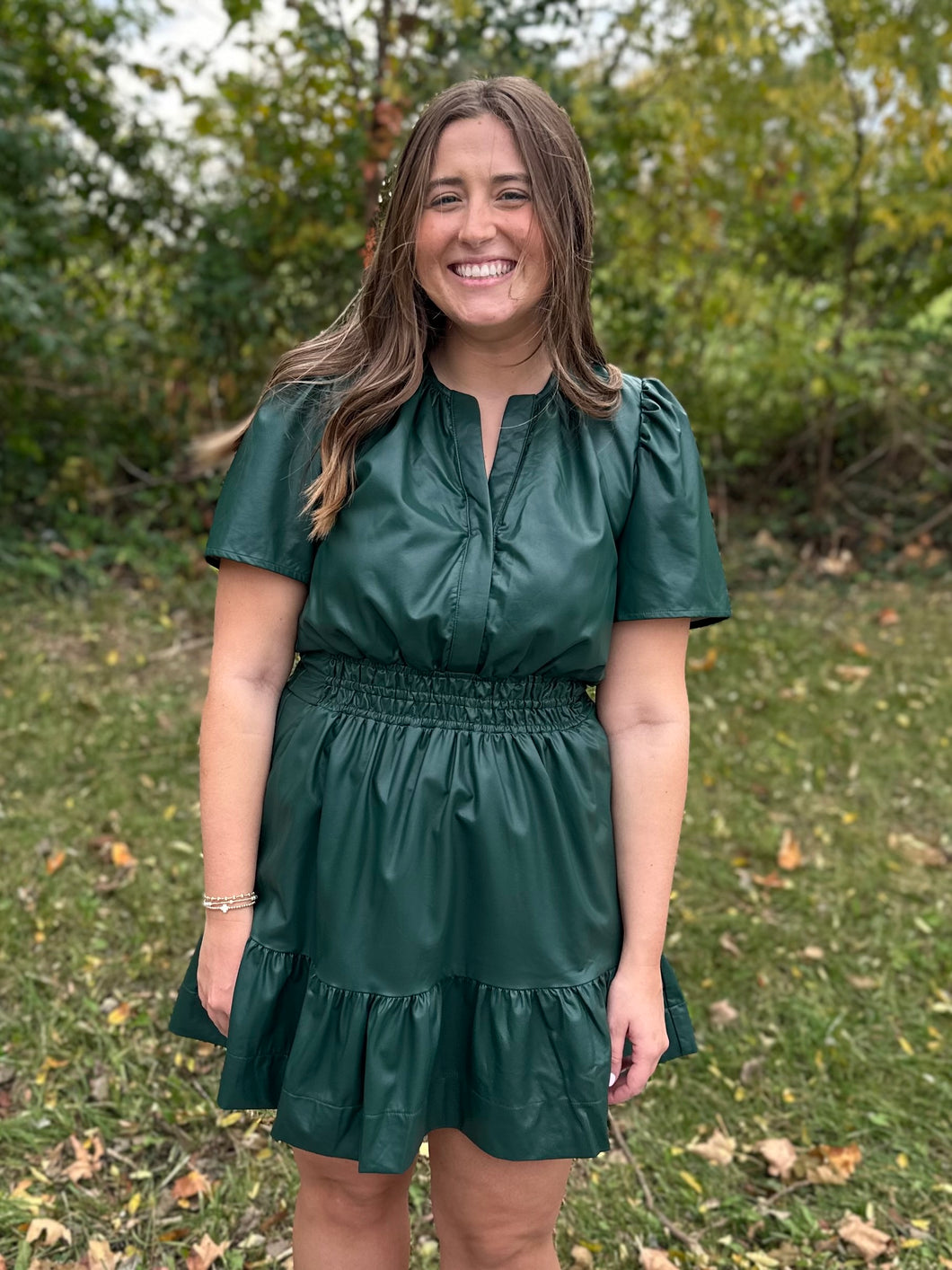 Green Smocked Waist Leather Dress