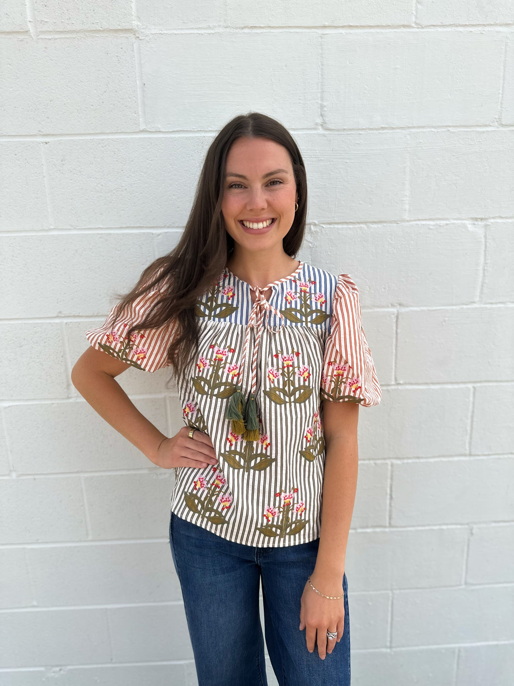 Puff Sleeve Striped Embroidered Top