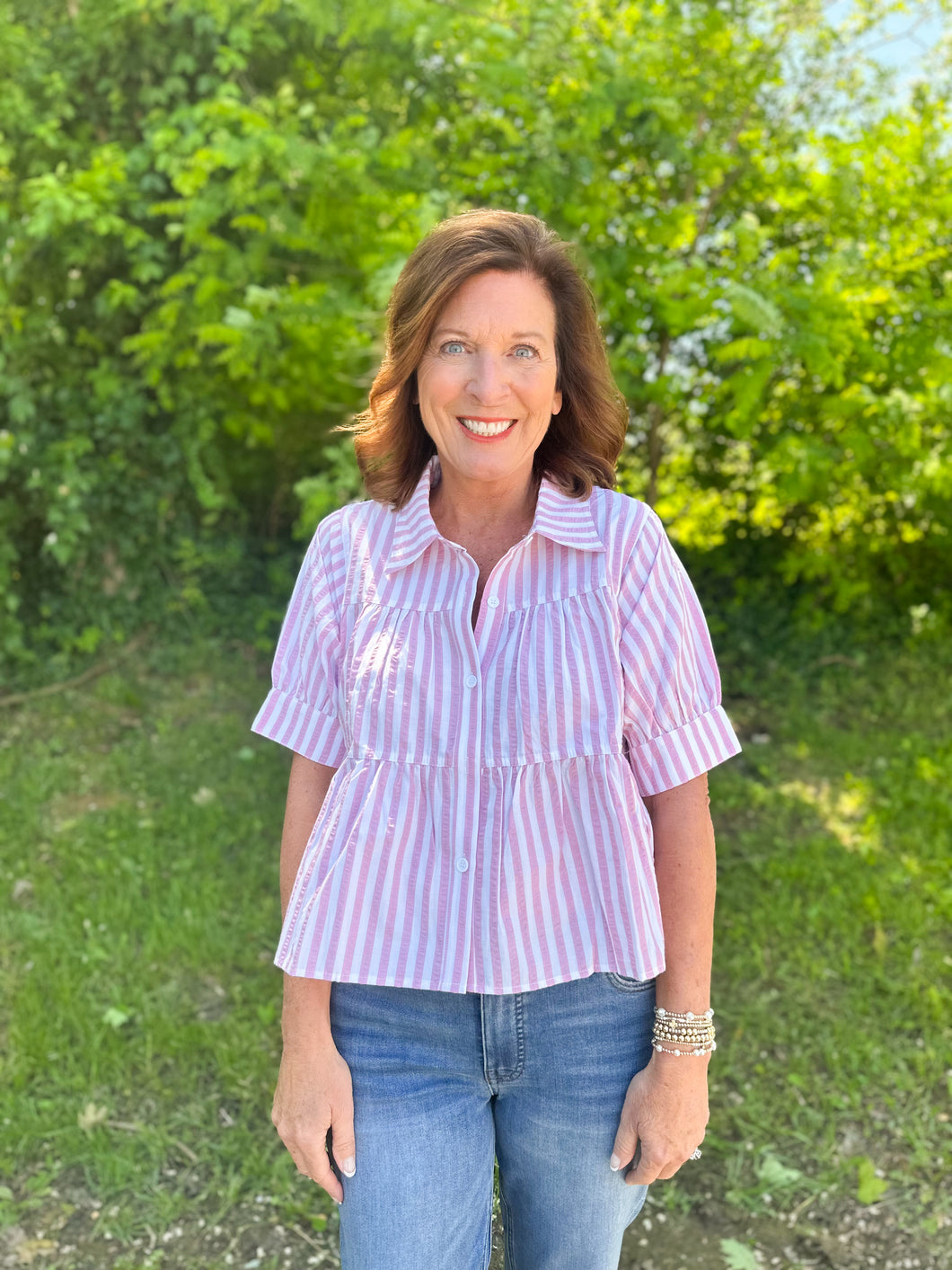 Pink Striped Tiered Button Up Shirt