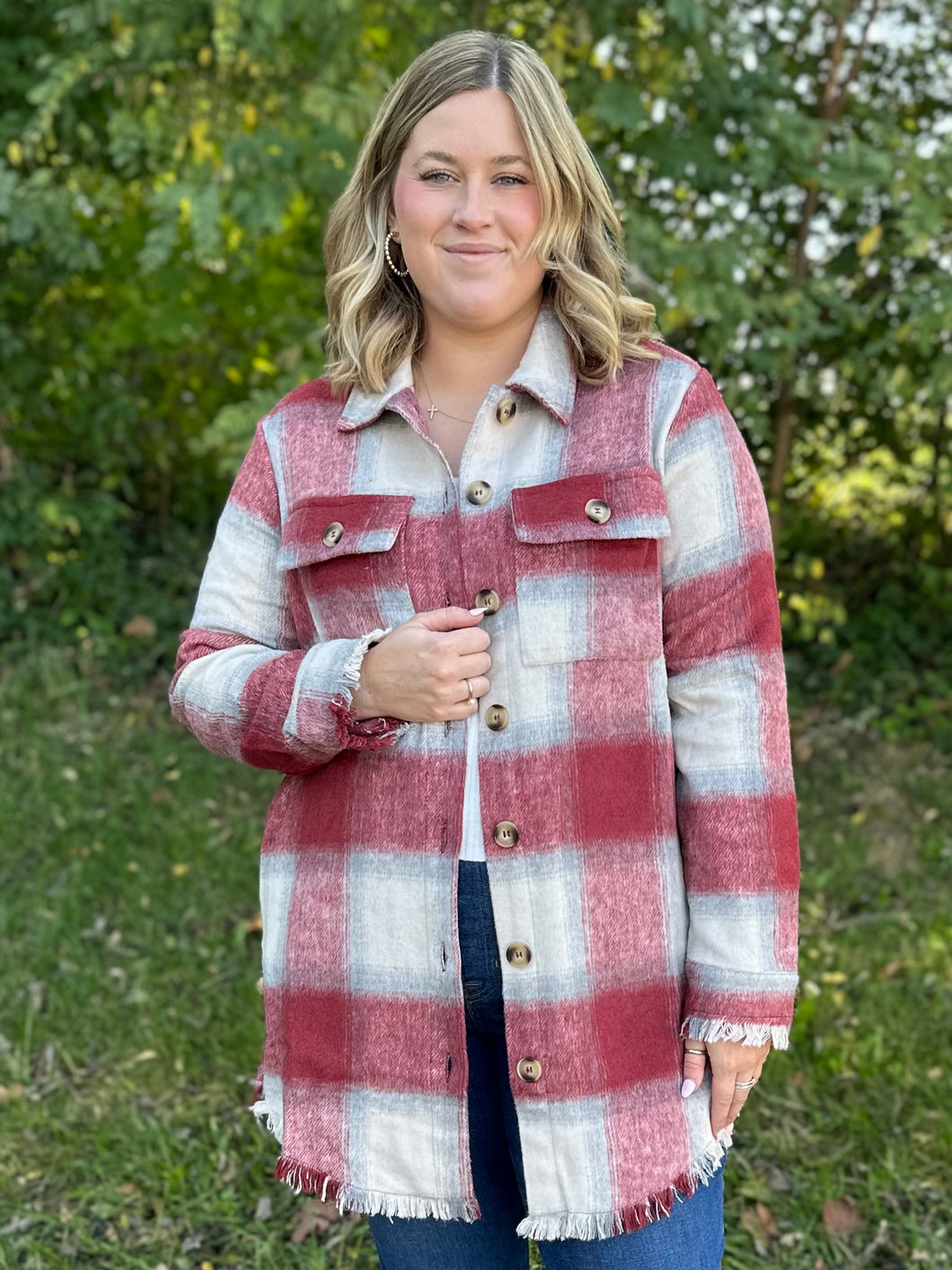 Fringe Detailed Long Plaid Jacket