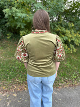 Load image into Gallery viewer, Olive Puff Sleeve Floral Embroidery Corduroy Top
