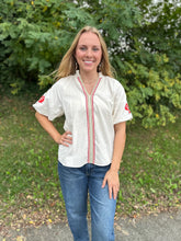 Load image into Gallery viewer, Cream Embroidered Puff Sleeve Corduroy Top
