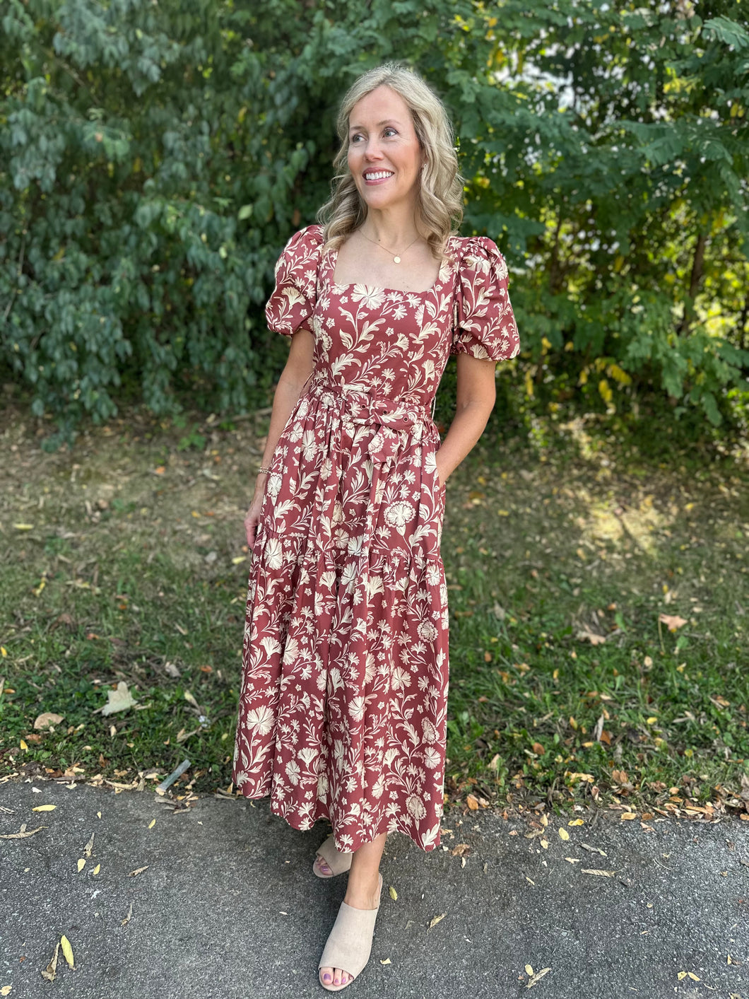 Burgundy Floral Square Neck Midi Dress