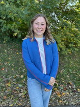 Load image into Gallery viewer, Blue Ribbed Knit Cardigan with Red Trim
