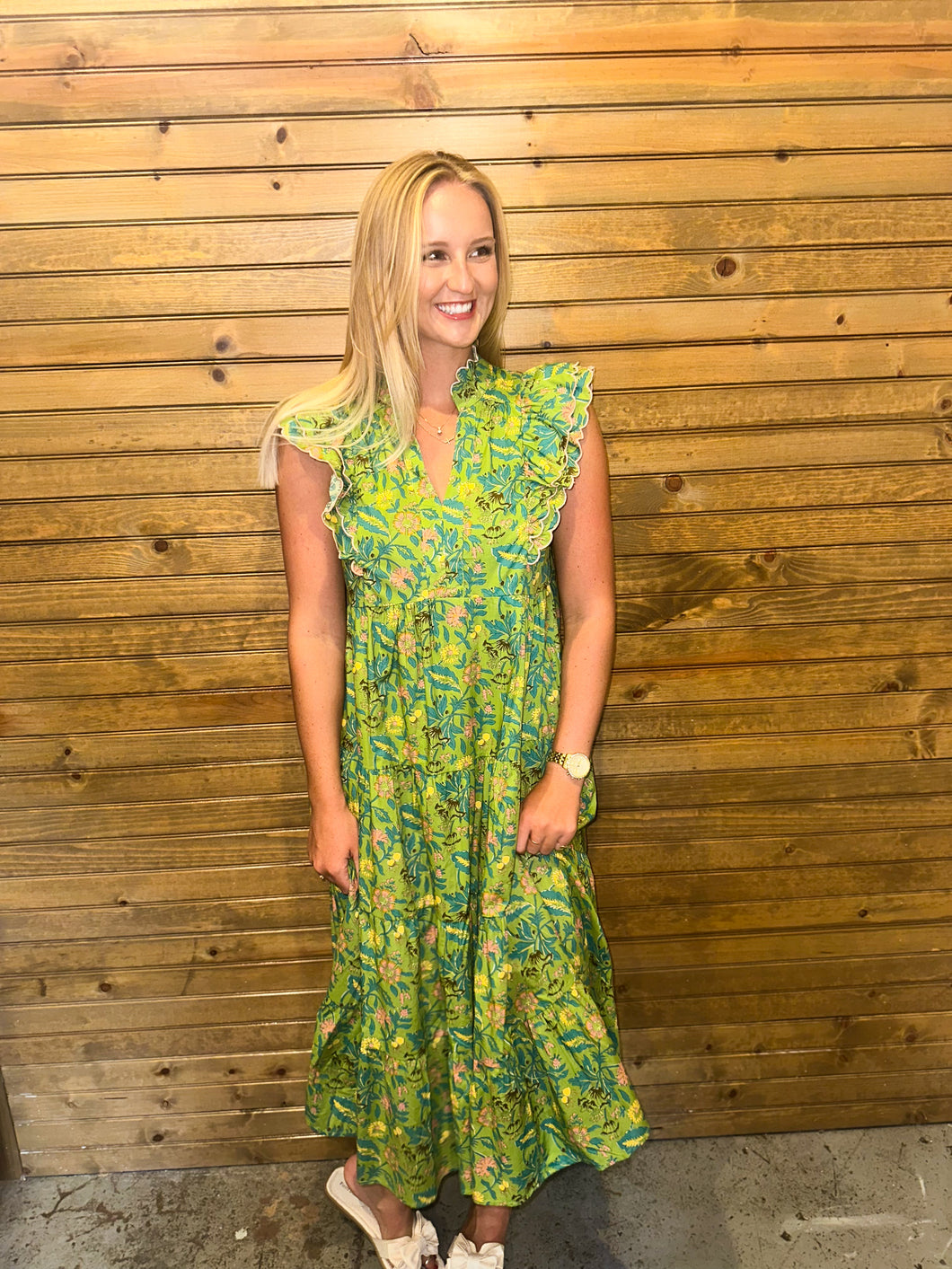 Sage Woven Scallop Trim Midi Dress
