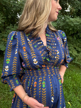 Load image into Gallery viewer, Midnight Mix Striped Floral Print Puff Sleeve Maxi Dress
