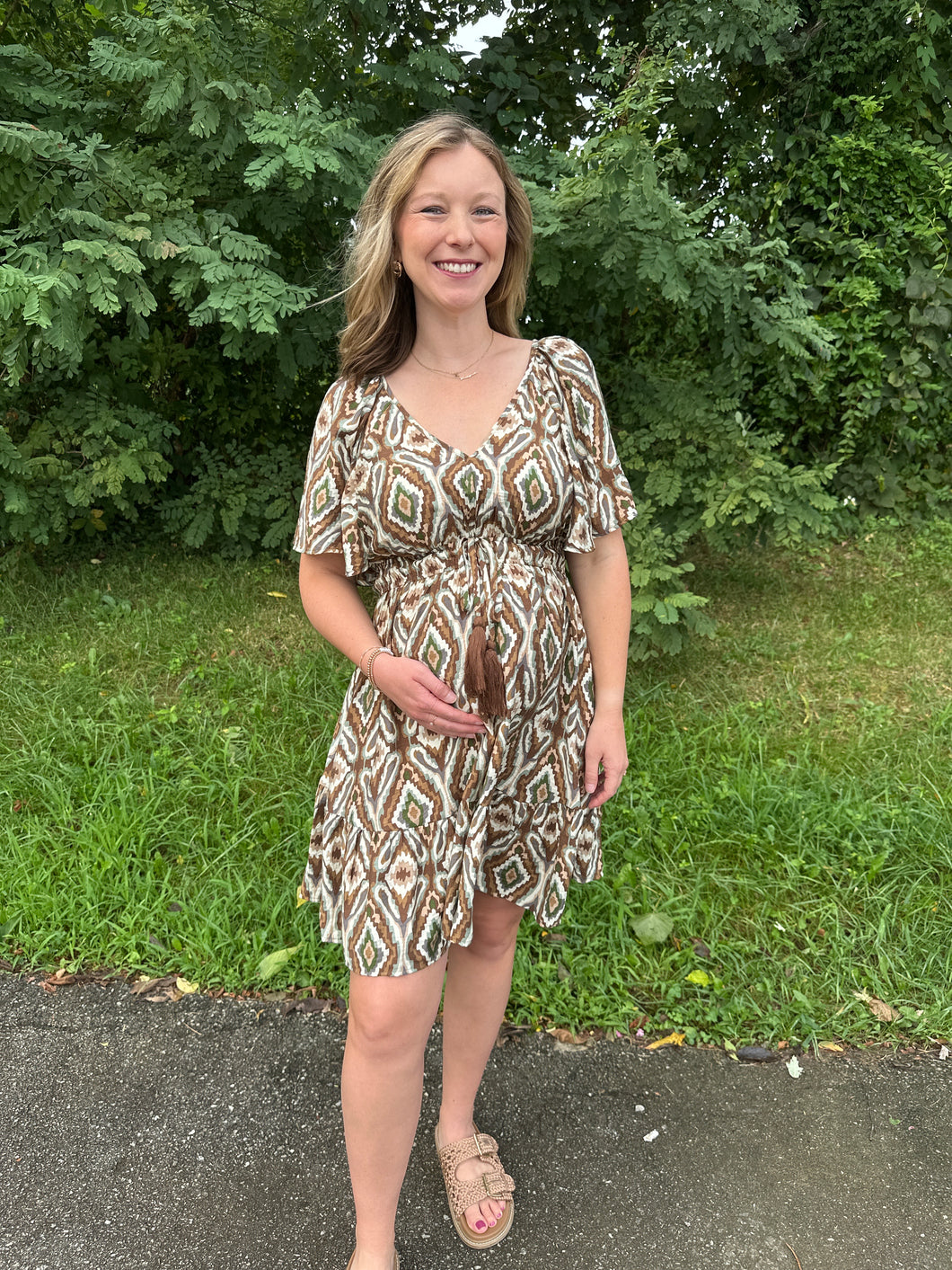 Brown Flutter Sleeve Woven Print Mini Dress