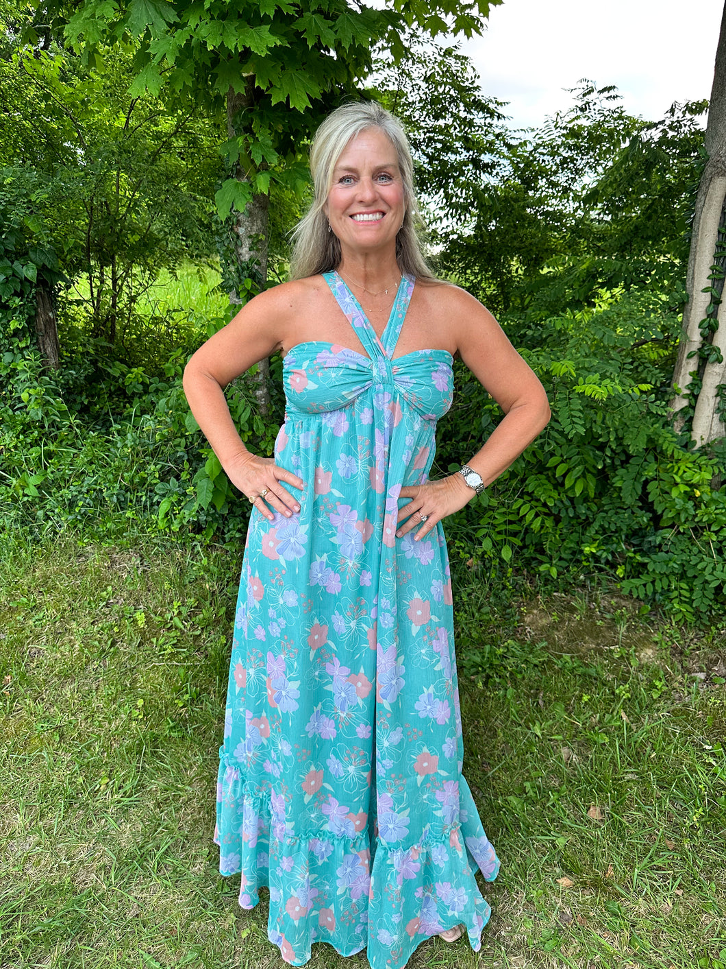 Turquoise Floral Print Chiffon Cross Cross Halter Dress