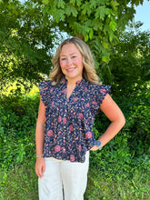 Load image into Gallery viewer, Navy Floral Futter Sleeve V Neck Top
