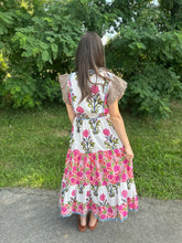 Load image into Gallery viewer, White Flutter Sleeve Flower Maxi Dress
