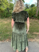 Load image into Gallery viewer, Sage Velvet Tiered Midi Dress
